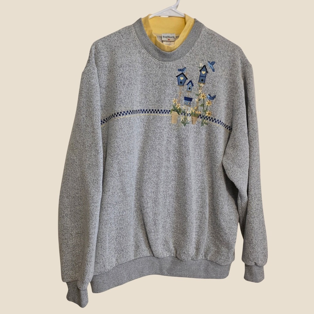 Vintage Womens Embroidered Birdhouse Sweatshirt Size XL Gray Mock Neck Retro